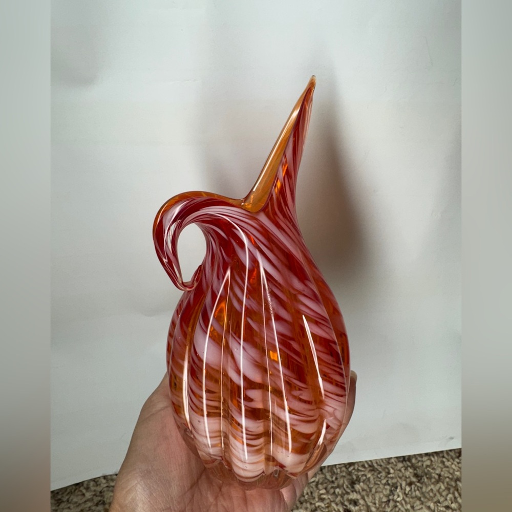 Vtg Lefton Red White Swirl Art Glass 7.1/4" Bird Base Pitcher Japan circa MCM